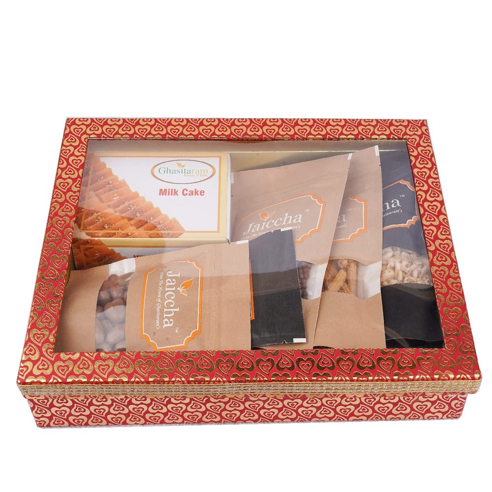 Jaiccha Ghasitaram Basket Hamper-Hamper Box 6 Goodies with Milk Cake |Gift for Diwali,Holi,Rakhi,Valentine,Christmas,Birthday,Anniversary,Her,Him|