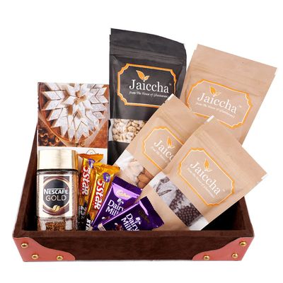 Jaiccha Ghasitaram Basket Hamper-Korno Tray of 10 Goodies with Kaju Katli and |Gift for Diwali,Holi,Rakhi,Valentine,Christmas,Birthday,Anniversary,Her,Him|