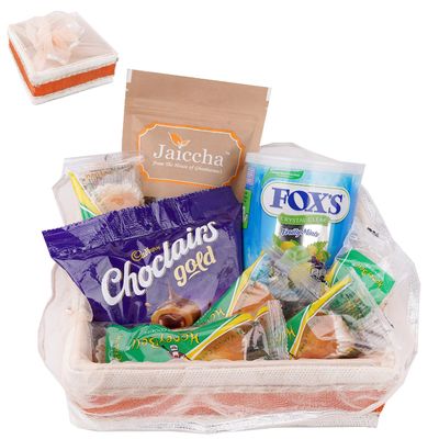 Jaiccha Ghasitaram Basket Hamper-Shaded Jute Potli with Rice Crispies, Caramel Toffees, Toffeess and Mawa Cakes |Gift for Diwali,Holi,Rakhi,Valentine,Christmas,Birthday,Anniversary,Her,Him|