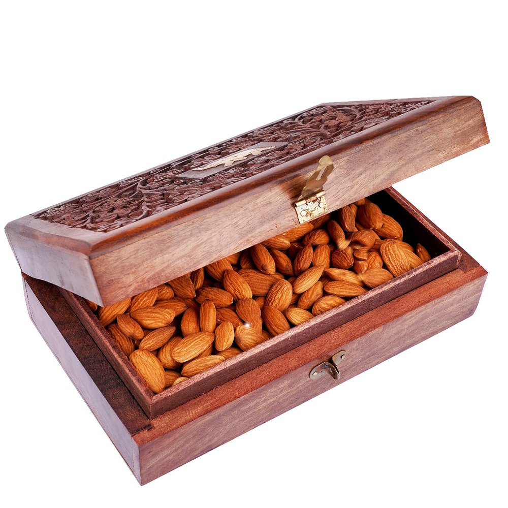 Jaiccha Ghasitaram Diwali Gifts - Dryfruits Hamper-Wooden Craving Jewellery Box with Almonds |Gift for Diwali,Holi,Rakhi,Valentine,Christmas,Birthday,Anniversary,Her,Him|