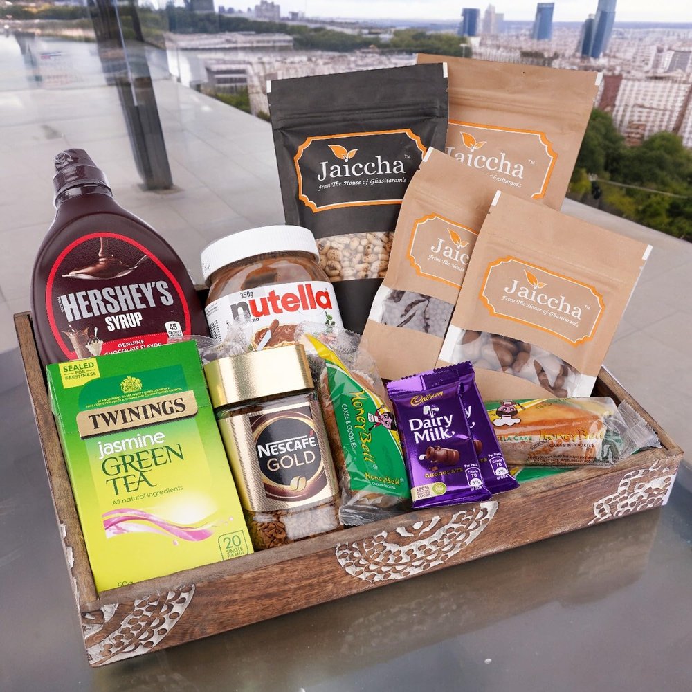 Jaiccha Ghasitaram Basket Hamper-Wooden Tray of 20 Goodies |Gift for Diwali,Holi,Rakhi,Valentine,Christmas,Birthday,Anniversary,Her,Him|