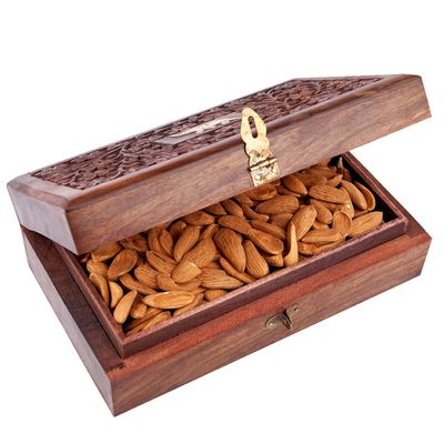 Jaiccha Ghasitaram Diwali Gifts - Dryfruits Hamper-Wooden Craving Jewellery Box with Mamra Almonds |Gift for Diwali,Holi,Rakhi,Valentine,Christmas,Birthday,Anniversary,Her,Him|