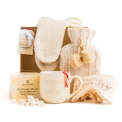 Hot Water Bottle Gift Set |Mothers Day Presents |Hot Chocolate Mug Gift Set With Mini Marshmallows |Candy Canes |Socks |Hot Chocolate Mug |Mini Hot Water Bottle Gifts |Mothers Day Gifts For Women