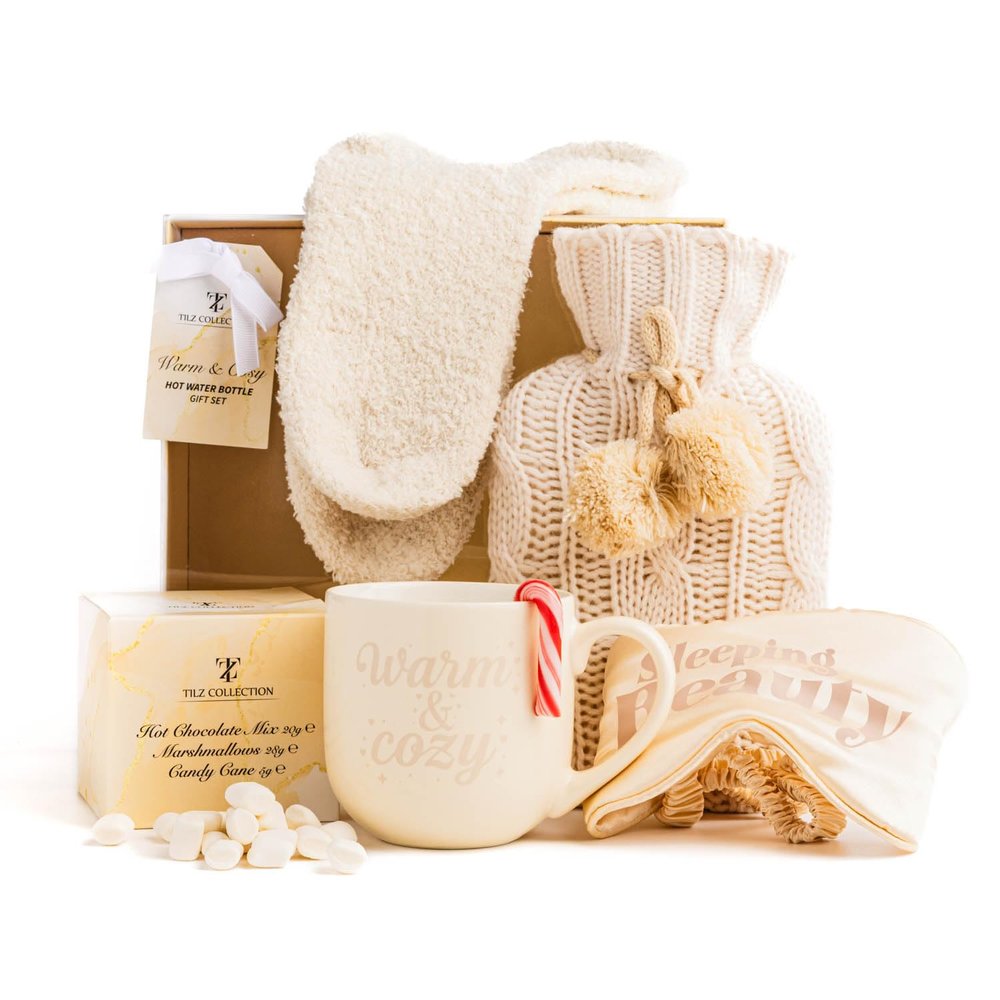 Hot Water Bottle Gift Set |Mothers Day Presents |Hot Chocolate Mug Gift Set With Mini Marshmallows |Candy Canes |Socks |Hot Chocolate Mug |Mini Hot Water Bottle Gifts |Mothers Day Gifts For Women