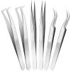 6 Pcs Tweezers for Eyelash Extensions, Straight and Curved Stainless Steel, Individual Volume, Isolation Tweezers (Silver) view 1