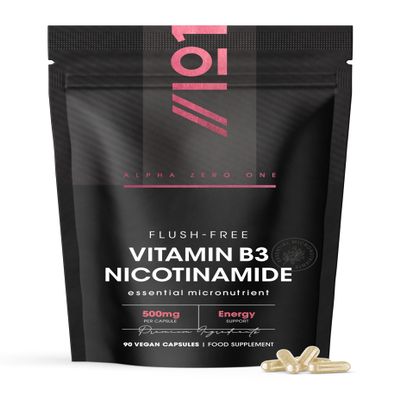 Vitamin B3 Nicotinamide (Niacinamide) 500mg  No-Flush Niacinamide  90 Vegan Capsules - Resealable and Recyclable Pouch by Alpha01