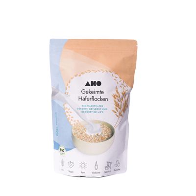 AHO Sprouted oatmeal 600 g, organic from Germany and Austria, plastic-free packaging, organic naked oats germinated and dried at 42 C