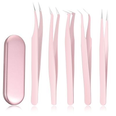 Chumia 5 Pcs Eyelash Extension Tweezers Volume Lash Tweezers Eyelash Extensions with Box Stainless Steel Pointed for Women Lash Extension Tools Supplies(Pink)