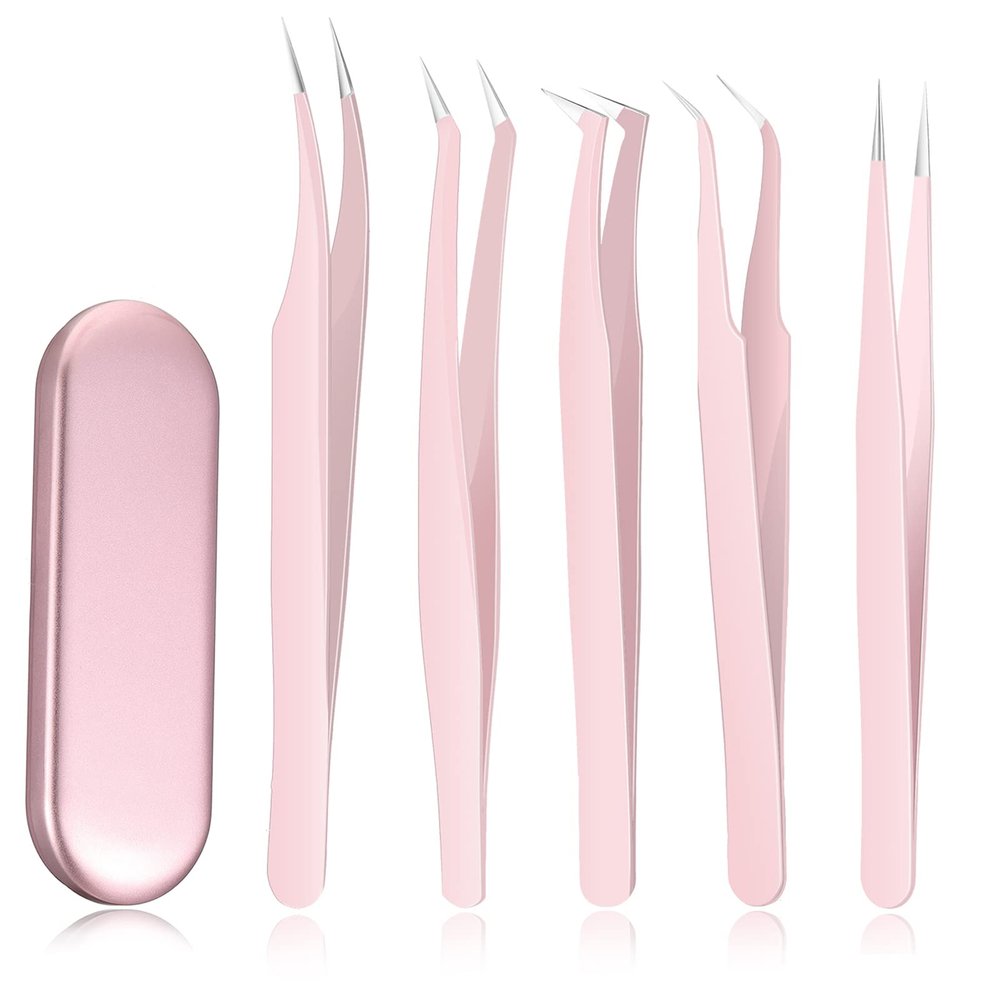 Chumia 5 Pcs Eyelash Extension Tweezers Volume Lash Tweezers Eyelash Extensions with Box Stainless Steel Pointed for Women Lash Extension Tools Supplies(Pink)