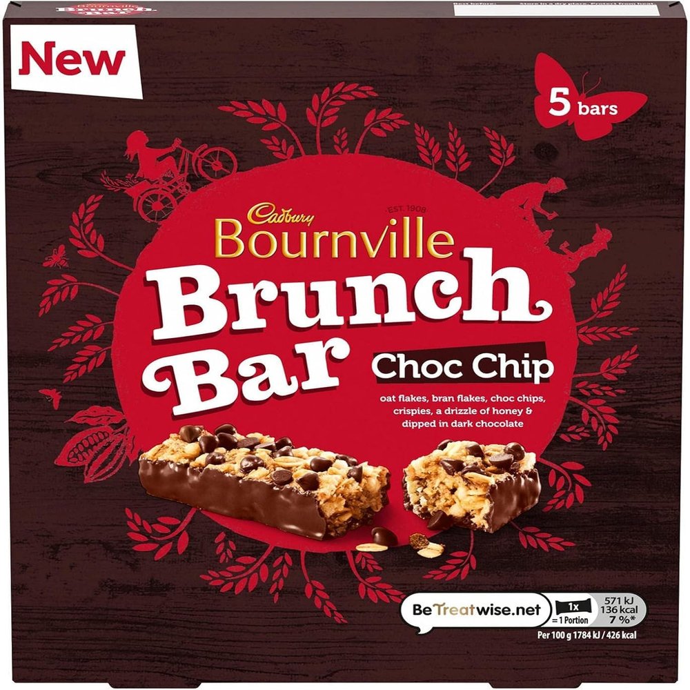 Cadbury Bournville Brunch Choc Chip Bars, Cereal Bars Choc Chips Crispies a Drizzle of honey & Dipped in Dark Chocolate, 5 x 28 g (Pack of 1)