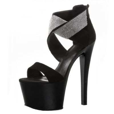 17CM Black Women Fashion Rhinestone Sandals Fetish High Heels Sexy Stripper Nightclub Pole Dancing Pumps Evening Dress Shoes Size 35-46,Black,40