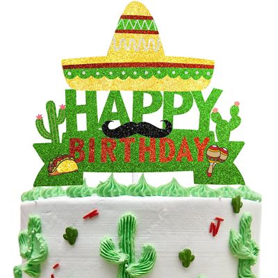 Cactus Cake Topper Mexico Fiesta Theme Kids Boy Girl Party Decor Supplies Mexican mardi Maracas Moustache Happy Birthday Party Event Glitter Decoration Supplies