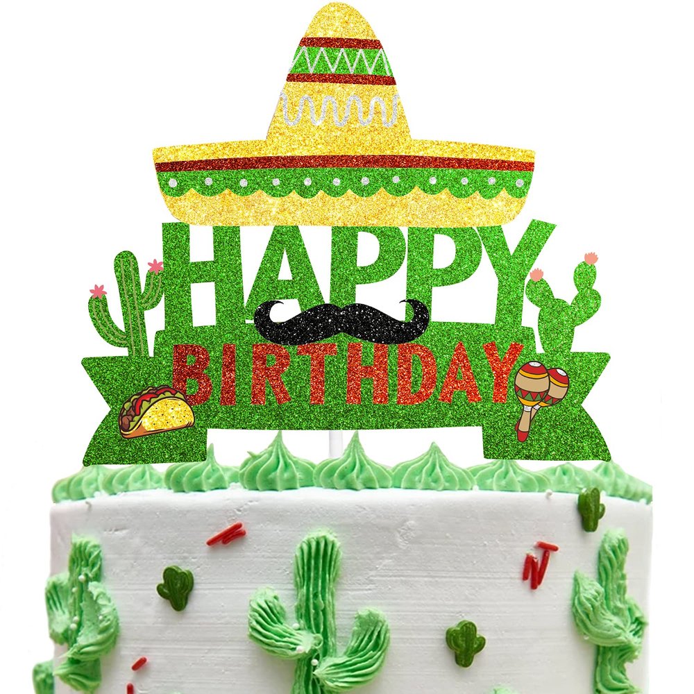 Cactus Cake Topper Mexico Fiesta Theme Kids Boy Girl Party Decor Supplies Mexican mardi Maracas Moustache Happy Birthday Party Event Glitter Decoration Supplies