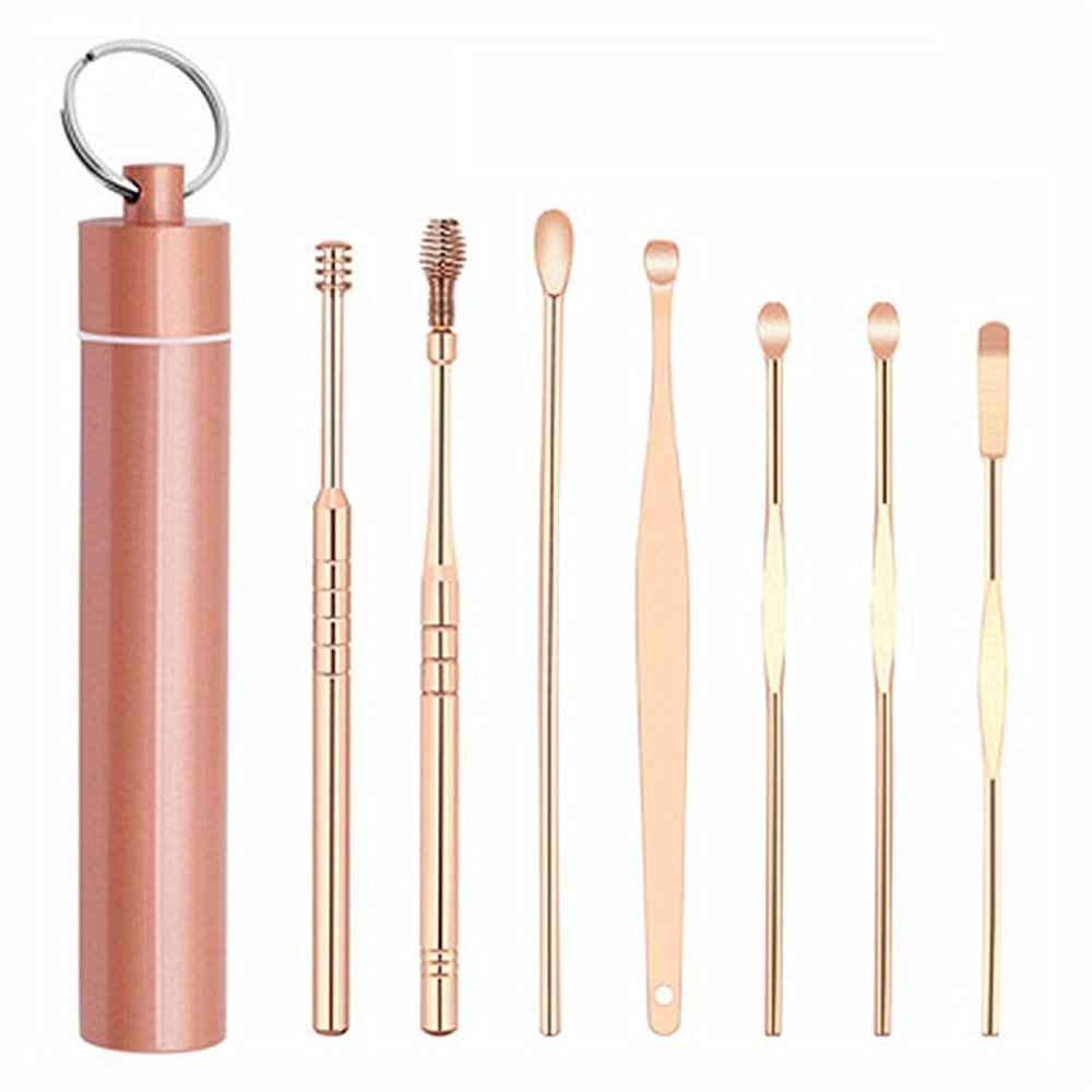YZDKJ 2sets Ear Cleaner Earwax Removal Tool Earpick Curette Reusable Ear Cleaning Wax Remover Spring Spoon Ear Pick Cleanser Care (Color : C-Rose gold)