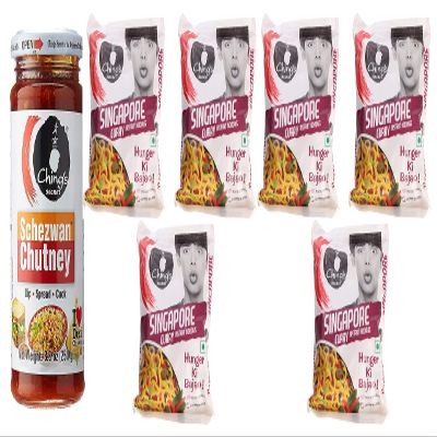 Ching's Schezwan Chutney 250g & pack of 6 Ching's Singapore Curry Noodles 60g - Stir Fried Noddles with Seasoning - Makes Your Food Tantalizing and Delicious