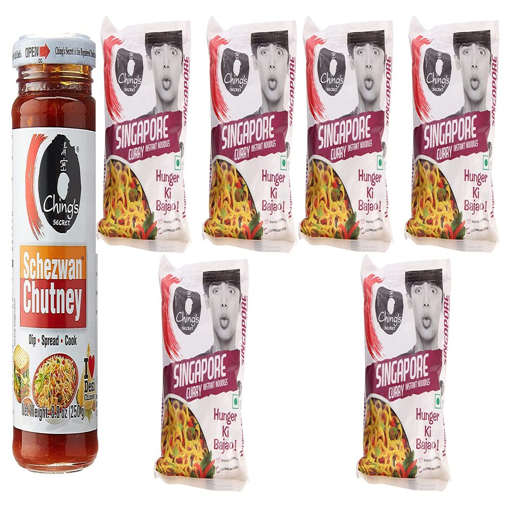 Ching's Schezwan Chutney 250g & pack of 6 Ching's Singapore Curry Noodles 60g - Stir Fried Noddles with Seasoning - Makes Your Food Tantalizing and Delicious