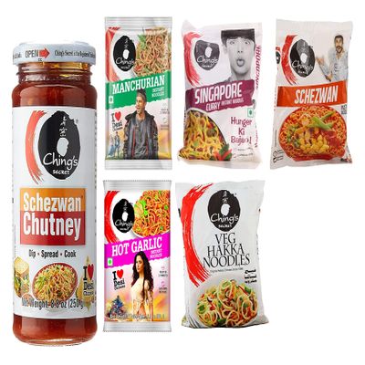 Chings Schezwan Chutney 250g and 2 Pack of Chings Manchurian Noodles 60g, Chings Singapore Curry Noodles 60g, Chings Schezwan Noodles 60g, Chings Hot Garlic Noodles 60g, Chings Veg Hakka Noodles 150g