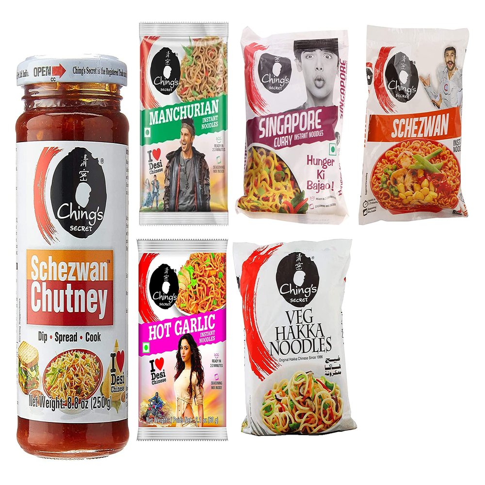 Chings Schezwan Chutney 250g and 2 Pack of Chings Manchurian Noodles 60g, Chings Singapore Curry Noodles 60g, Chings Schezwan Noodles 60g, Chings Hot Garlic Noodles 60g, Chings Veg Hakka Noodles 150g