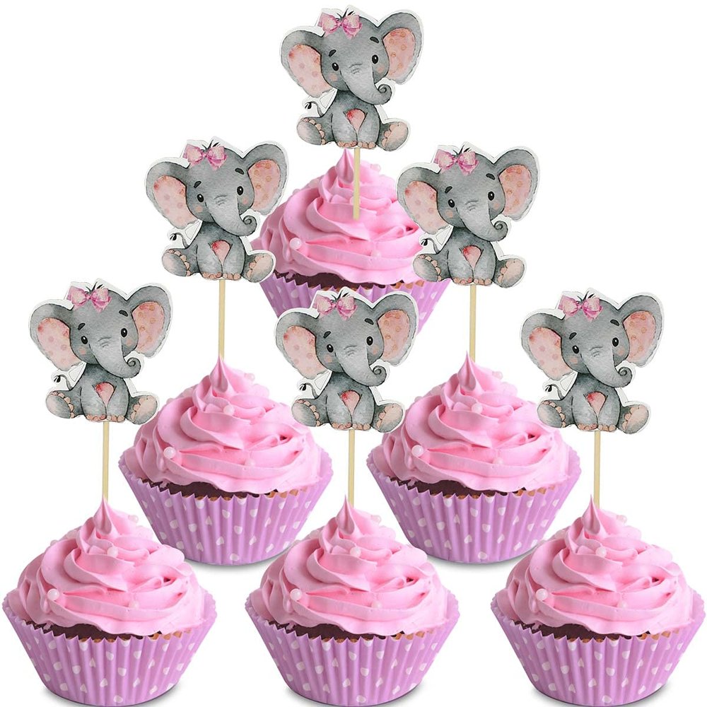 36 Pieces Elephant Cupcake Toppers for Baby Shower Baby Girl Birthday Party Supplies Cake Decorations Cute Baby Shower Cupcake Picks Baby Girl Cupcake Toppers (Pink)