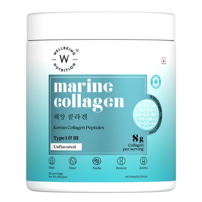 Wellbeing Nutrition Pure Korean Marine Collagen Peptides Powder | Hydrolysed Type 1 & 3 Collagen Protein and Amino Acids |Supports Healthy Skin, Hair, Nails, Bone & Joint, Non GMO, Unflavoured - 200g