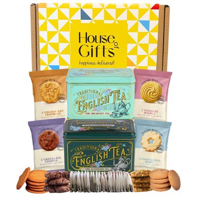 Afternoon Tea & Biscuits Hamper With 8 Border Biscuits & 80 English Teabags (Breakfast & Afternoon) Vintage Tins | Tea & Biscuit Lovers Gift Hamper