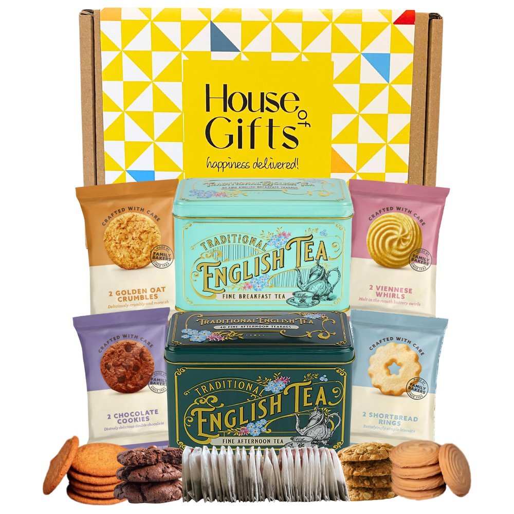 Afternoon Tea & Biscuits Hamper With 8 Border Biscuits & 80 English Teabags (Breakfast & Afternoon) Vintage Tins | Tea & Biscuit Lovers Gift Hamper