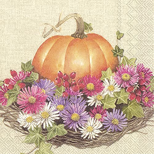 20 napkins, pumpkin in the flower field, harvest thanks, autumn, table decoration, 33 x 33 cm
