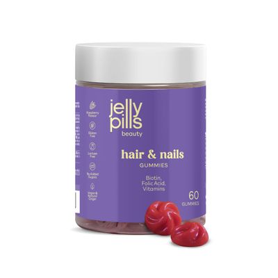 Jelly Pills Gummies with Biotin 5000 mcg, Folic Acid and 7 Vitamins - No Added Sugars - 60 Raspberry Flavoured Vegan Gummies to Reduce Hair Loss - Hair and Nails