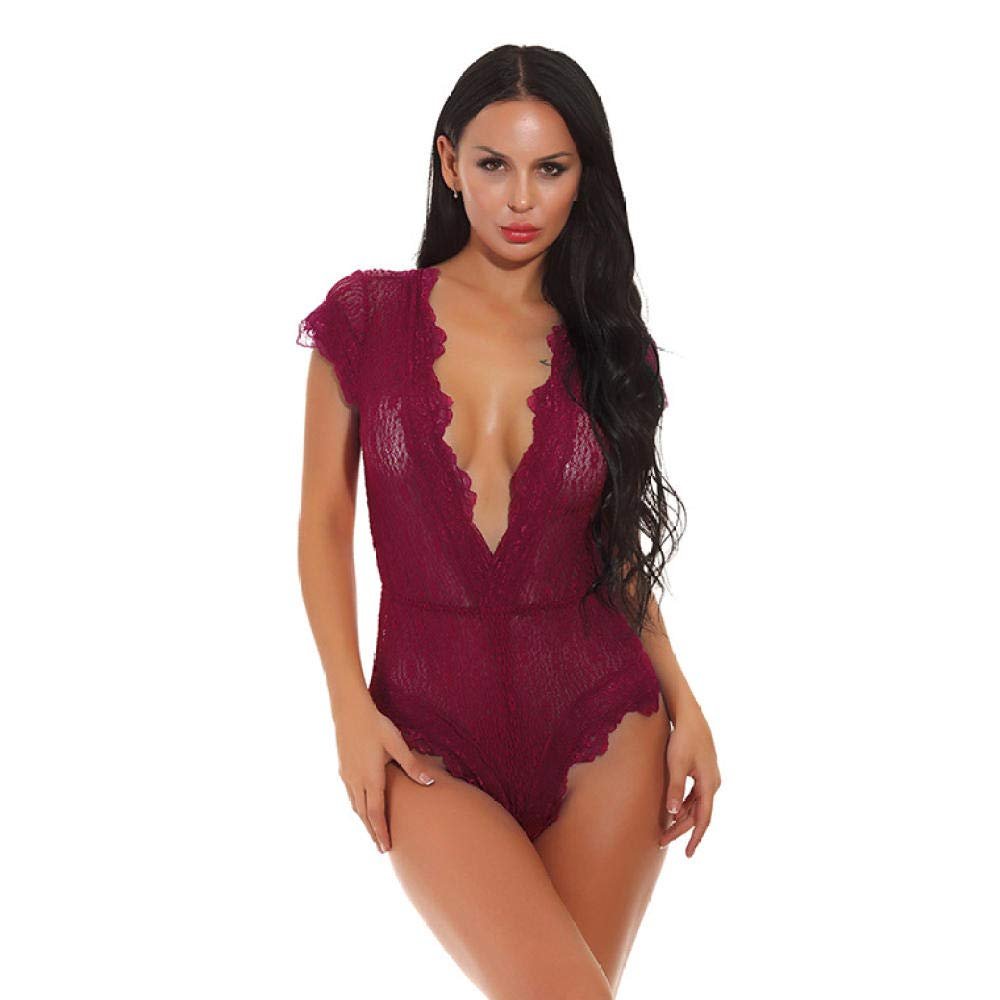 Women's Baby Dolls Womens Deep V Lingerie Floral Lace Bodysuit-Red_S