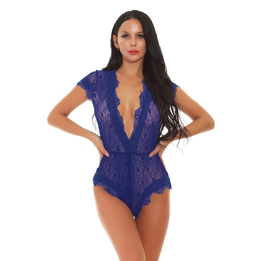 Sexy Lingerie Set Womens Deep V Lingerie Floral Lace Bodysuit-Blue_L
