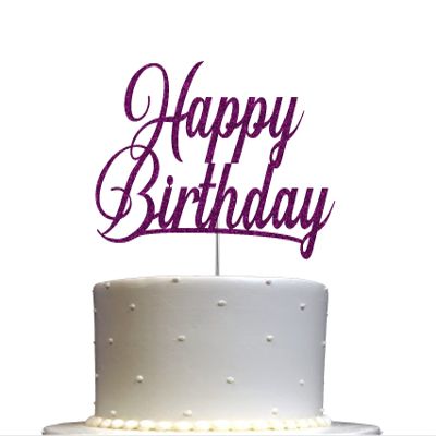 Happy Birthday Glitter Cake Topper, Birthday Party Decorations Ideas, Premium Quality Decoration, Sturdy Doubled Sided Glitter, Acrylic Stick. Made in USA (Purple)