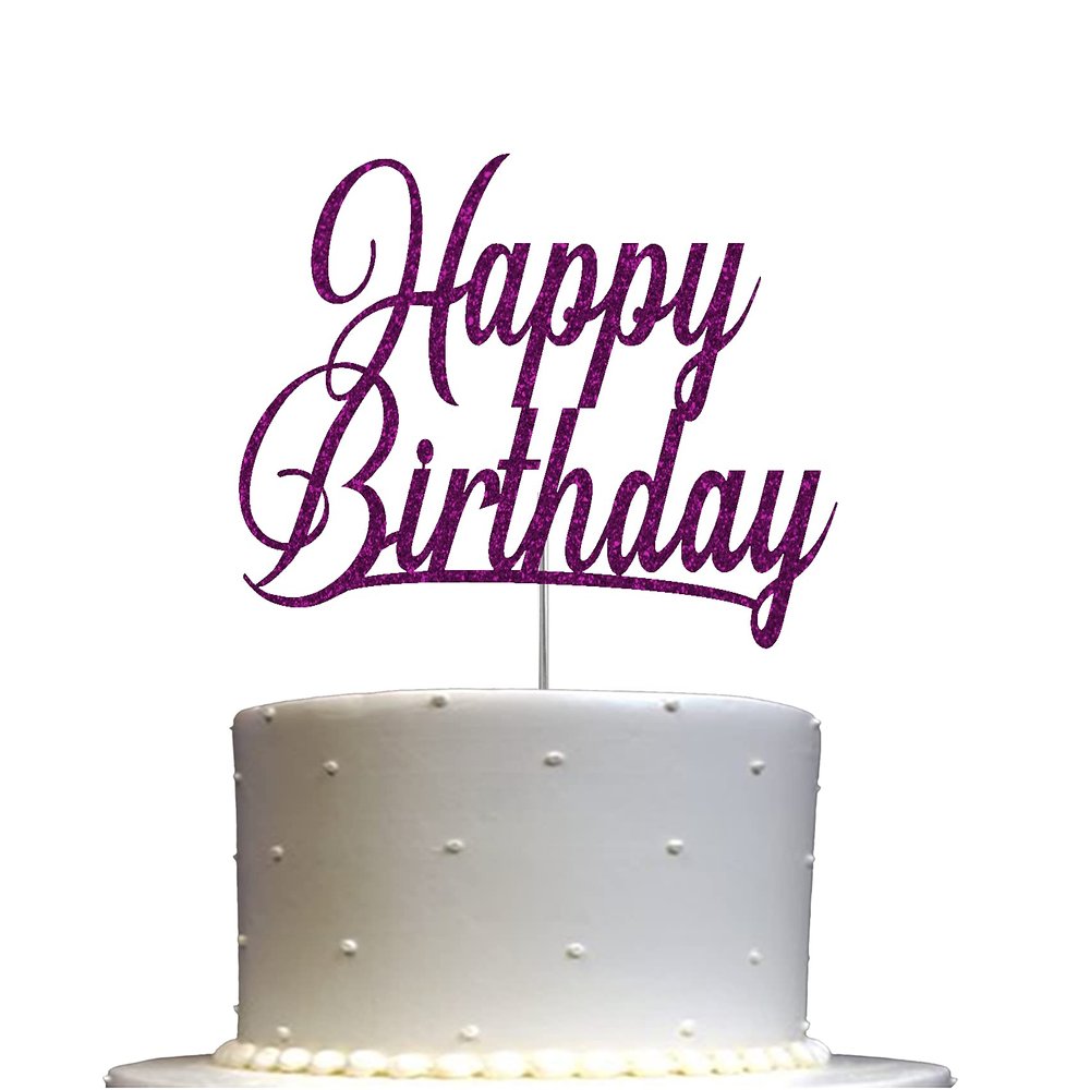 Happy Birthday Glitter Cake Topper, Birthday Party Decorations Ideas, Premium Quality Decoration, Sturdy Doubled Sided Glitter, Acrylic Stick. Made in USA (Purple)