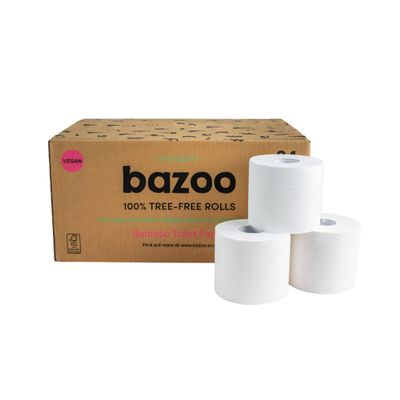 Bazoo Luxury Bamboo Unwrapped Toilet Tissue Paper - Plastic Free, Eco Friendly, Septic Safe, Biodegradeable Bath Tissue with Soft, Quick Dissolving 3 Ply Sheets - Double-Length Bamboo Toilet Rolls
