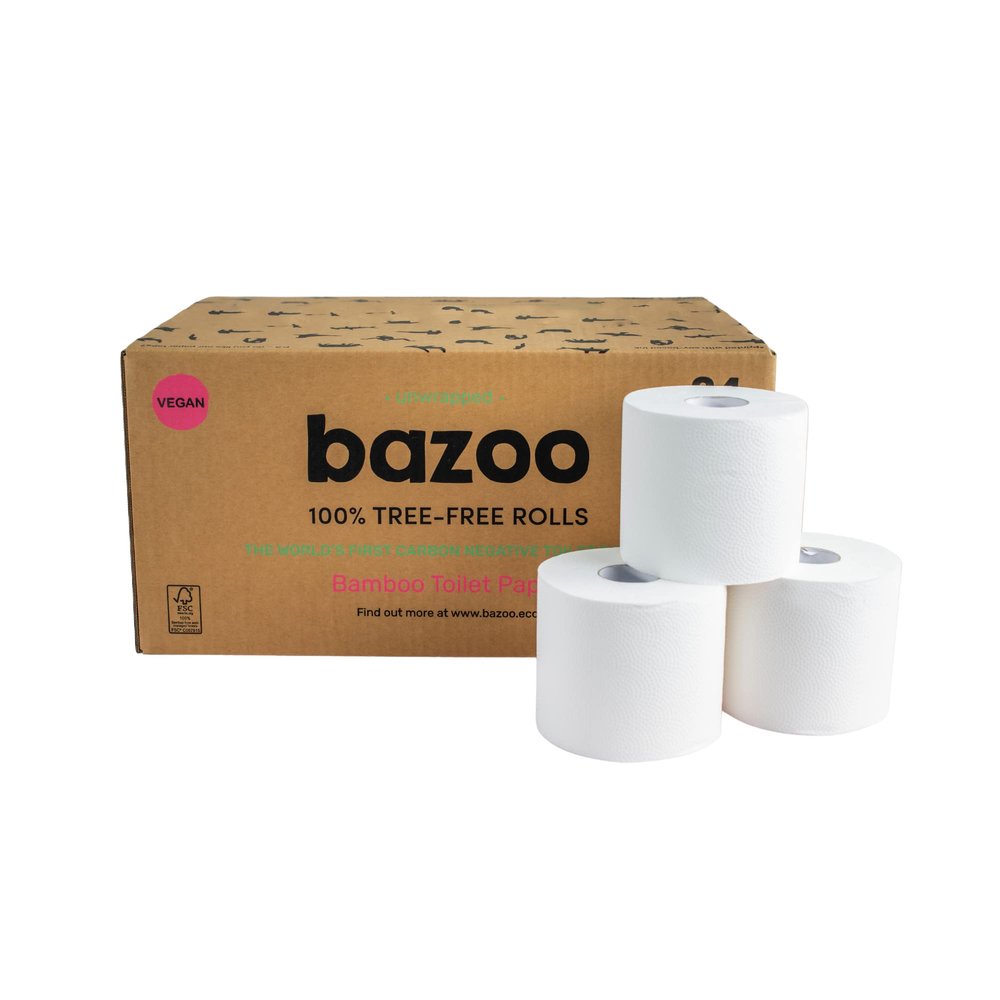 Bazoo Luxury Bamboo Unwrapped Toilet Tissue Paper - Plastic Free, Eco Friendly, Septic Safe, Biodegradeable Bath Tissue with Soft, Quick Dissolving 3 Ply Sheets - Double-Length Bamboo Toilet Rolls