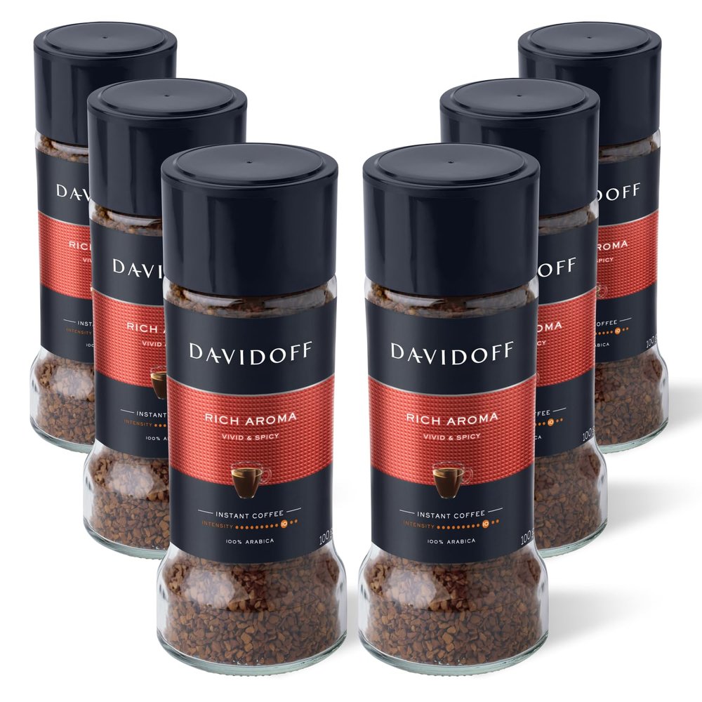 Davidoff Rich Aroma Instant Coffee 6 Pack  9/12 Intensity  100% Arabica, Premium Dark Roast, Bold & Aromatic with Spicy and Fruity Notes  6 x 100g Jars