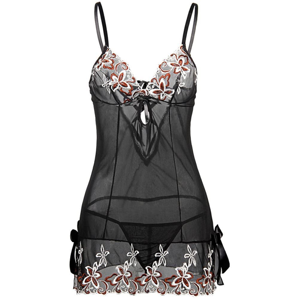 Women's Lingerie & Underwear Sexy Lingerie Women Embroidered Deep V Neck Pajamas-Black_S