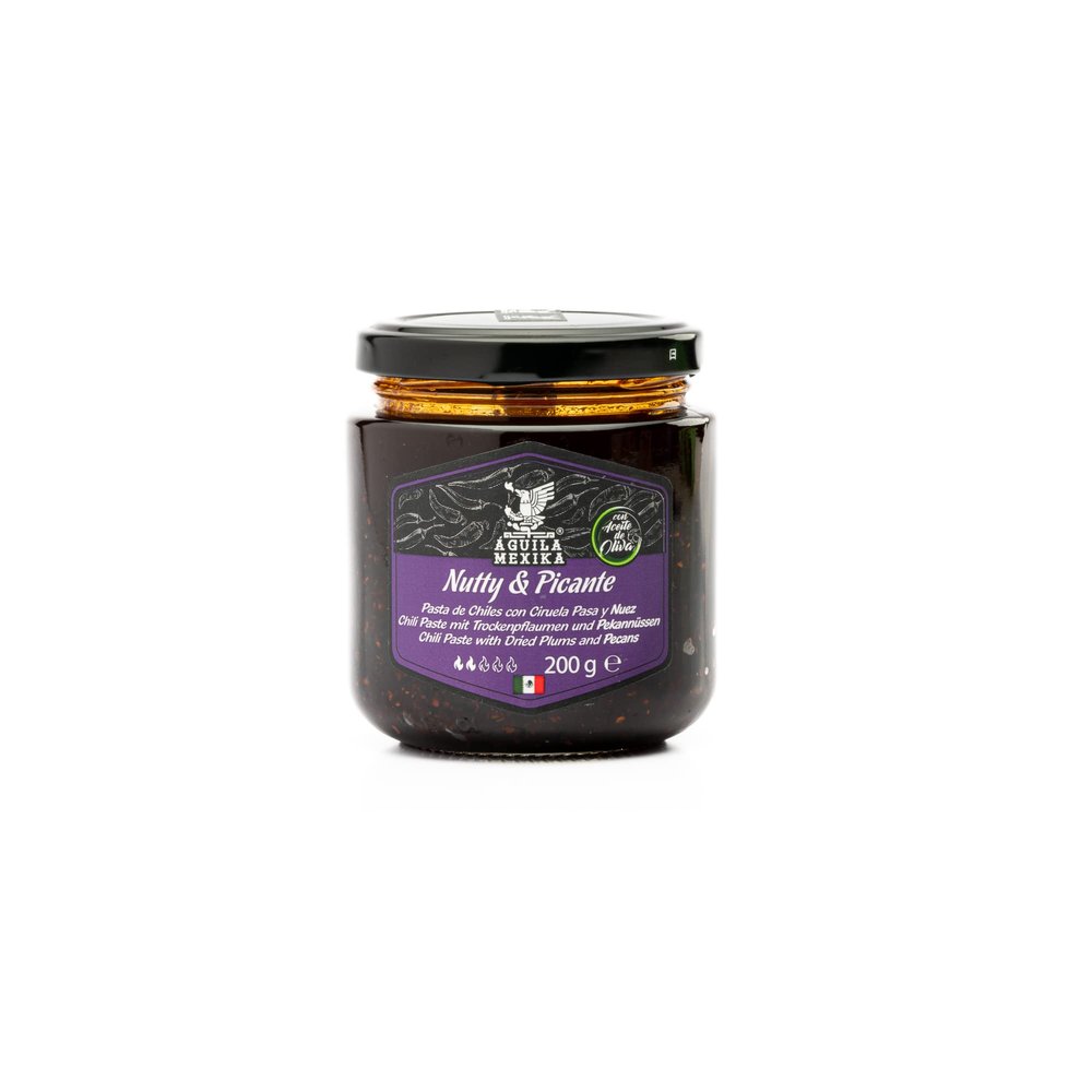AGUILA MEXIKA | Nutty & Picante - premium Mexican Salsa Macha - roasted chillies with dried Plums and Pecans, in virgin olive oil - with Morita & Habanero chilli peppers - from wholefood ingredients.