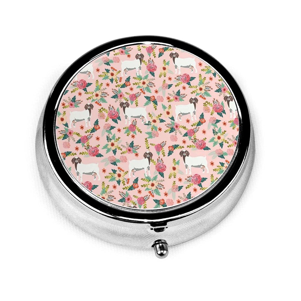 Pill Case Boer Goat Pink Florals Pill Box for Purse Cute Small Travel Round Shape Pill Organizer