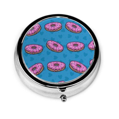 Pill Case Pink Donuts in Blue Pill Box for Purse Cute Small Travel Round Shape Pill Organizer