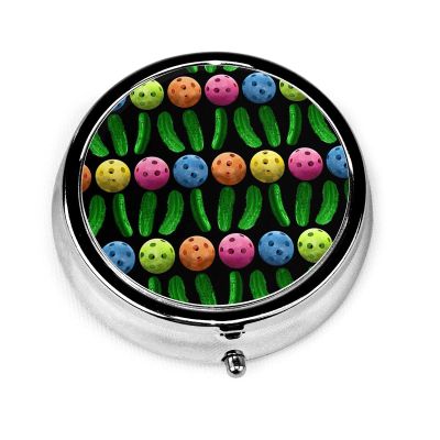 Pill Case Pickleballs and Green Pickles Pill Box for Purse Cute Small Travel Round Shape Pill Organizer