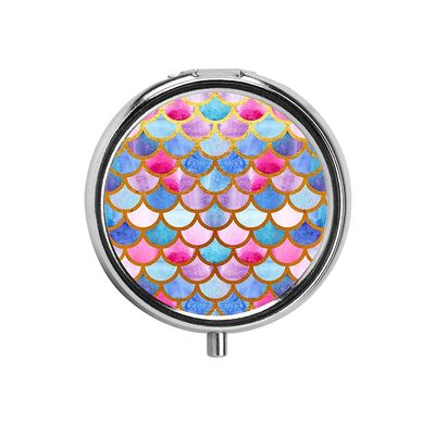 1PCS Portable Round Metal Pill Box Case Mini Medicine Tablet Organizer Container Holder for Pocket Purse Handbag Travel Gift - Compact 3 CompartmentsPink Blue Fish Scale Pattern