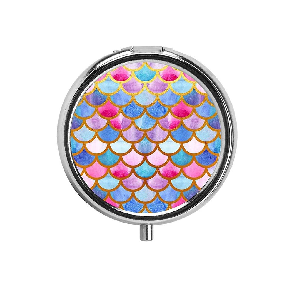1PCS Portable Round Metal Pill Box Case Mini Medicine Tablet Organizer Container Holder for Pocket Purse Handbag Travel Gift - Compact 3 CompartmentsPink Blue Fish Scale Pattern
