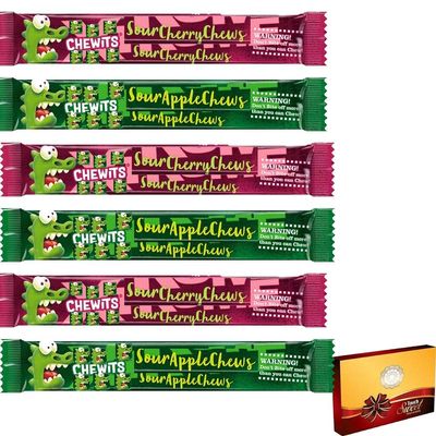 6 x Mixed Chewits Chews 34g Sour Apple & Cherry Flavours | Soft Chewy Sweets with Gift Box | VSTAR
