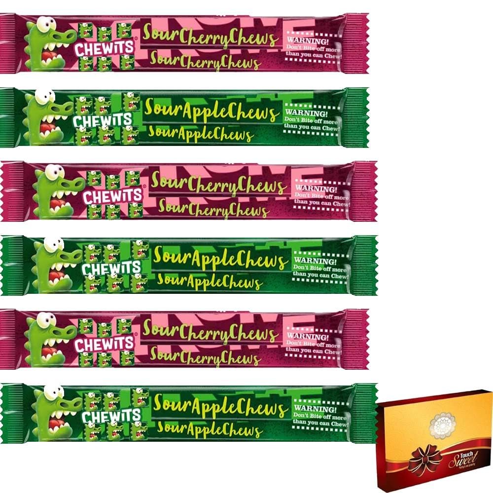 6 x Mixed Chewits Chews 34g Sour Apple & Cherry Flavours | Soft Chewy Sweets with Gift Box | VSTAR