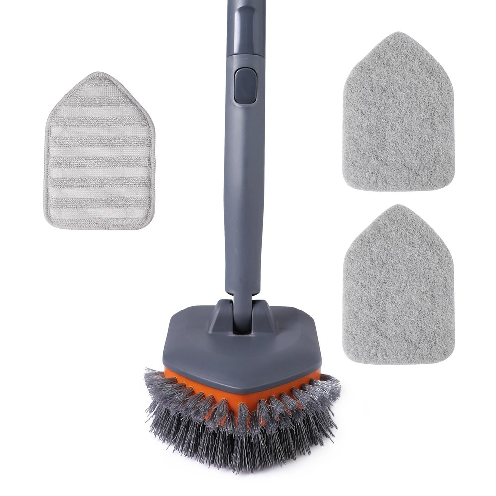 CLEANHOME Tub Tile Scrubber Brush with 3 Different Function Cleaning Pads and 56" Extendable Long Handle-No Scratch for Cleaning Bathroom Kitchen Toilet Wall Sink,Orange