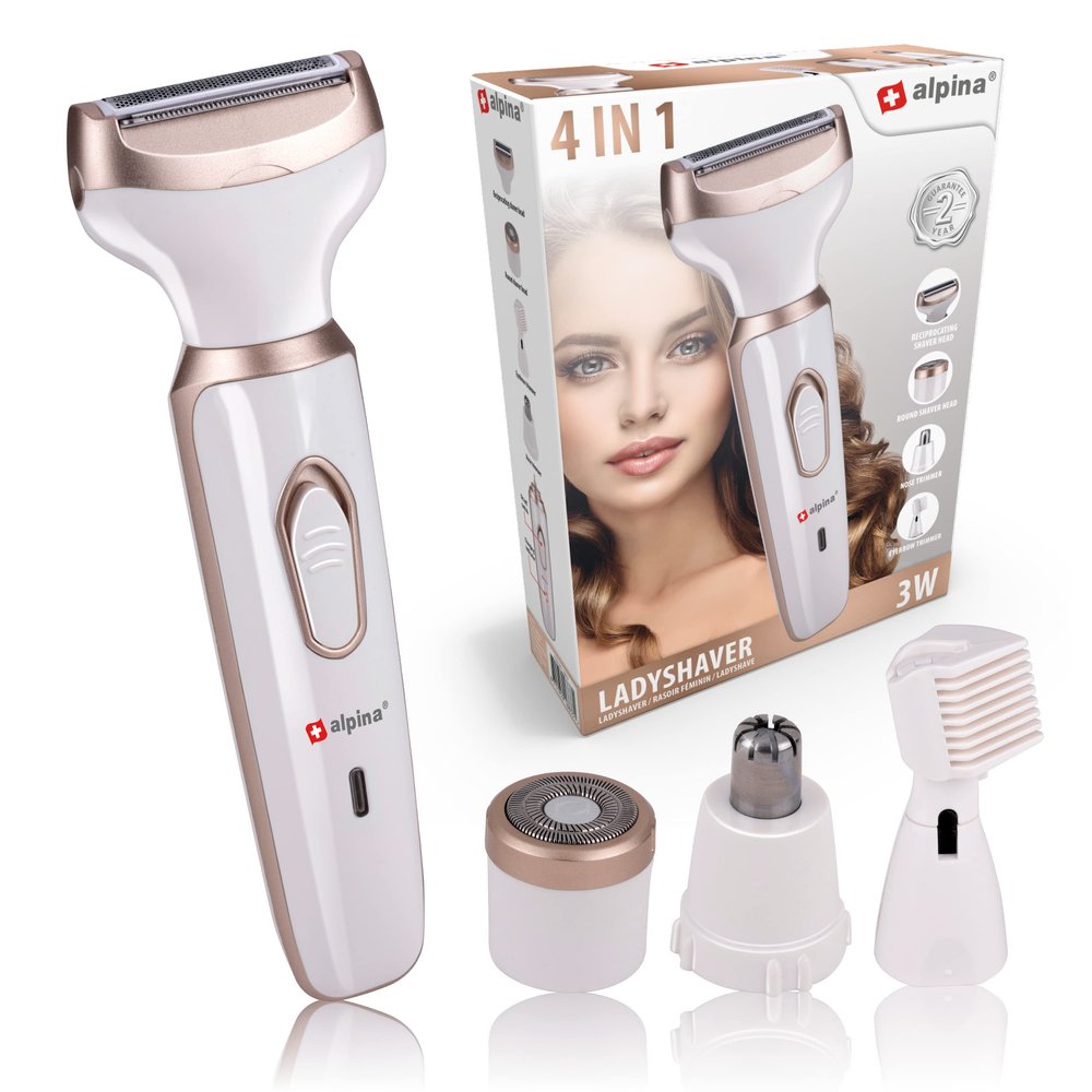 alpina Women's Razor - 4-in-1 - Body and Face - Includes Eyebrow Trimmer - USB Battery