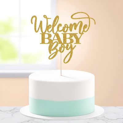 Kaoenla Welcome Baby Boy Cake Topper - Baby Shower-Newborn Gender Reveal Party Decorations (Golden Glitter)