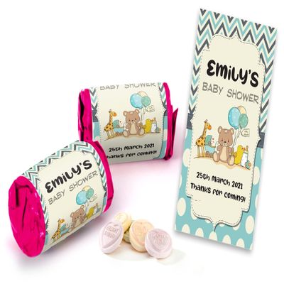 Colourbat x40 Sweet Rolls Personalised Bears Baby Shower Sweets Mini Love Hearts Party Favours for Guests Suitable for Vegetarians Vegans Halal
