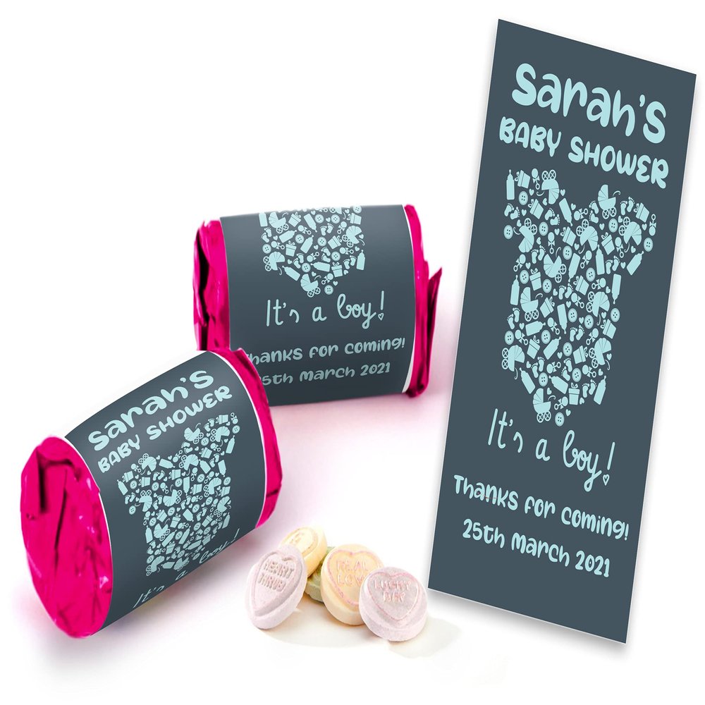 Colourbat x40 Sweet Rolls Personalised Blue its a boy Baby Shower Sweets Mini Love Hearts Party Favours for Guests Suitable for Vegetarians Vegans Halal