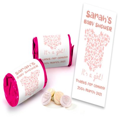 Colourbat x40 Sweet Rolls Personalised Baby Shower Sweets Pink Its a girl Mini Love Hearts Party Favours for Guests Suitable for Vegetarians Vegans Halal